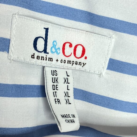 Denim & Co. Large L Blue Striped Tropical Border Print Button Front Tunic Top - Picture 3 of 4